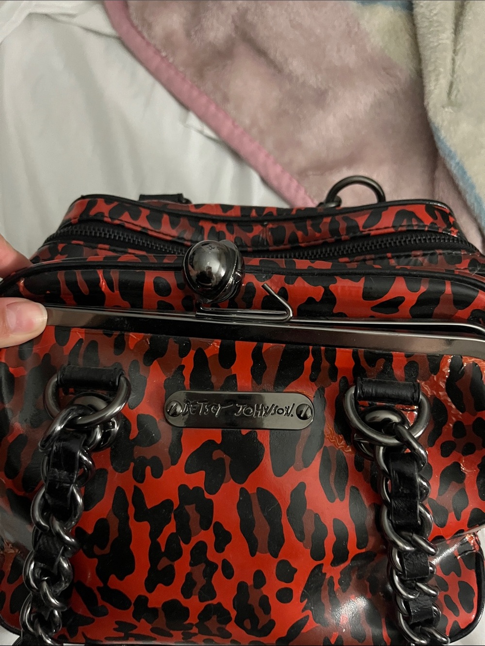 Betsey Johnson Red and Black Leopard-Print Chain Shoulder Bag